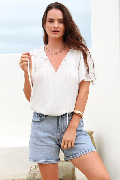 Kendra Top - V Neck Short Sleeve Top with Necktie in White