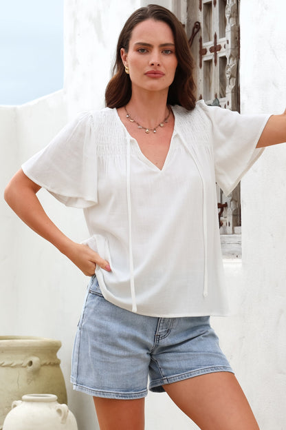 Kendra Top - V Neck Short Sleeve Top with Necktie in White