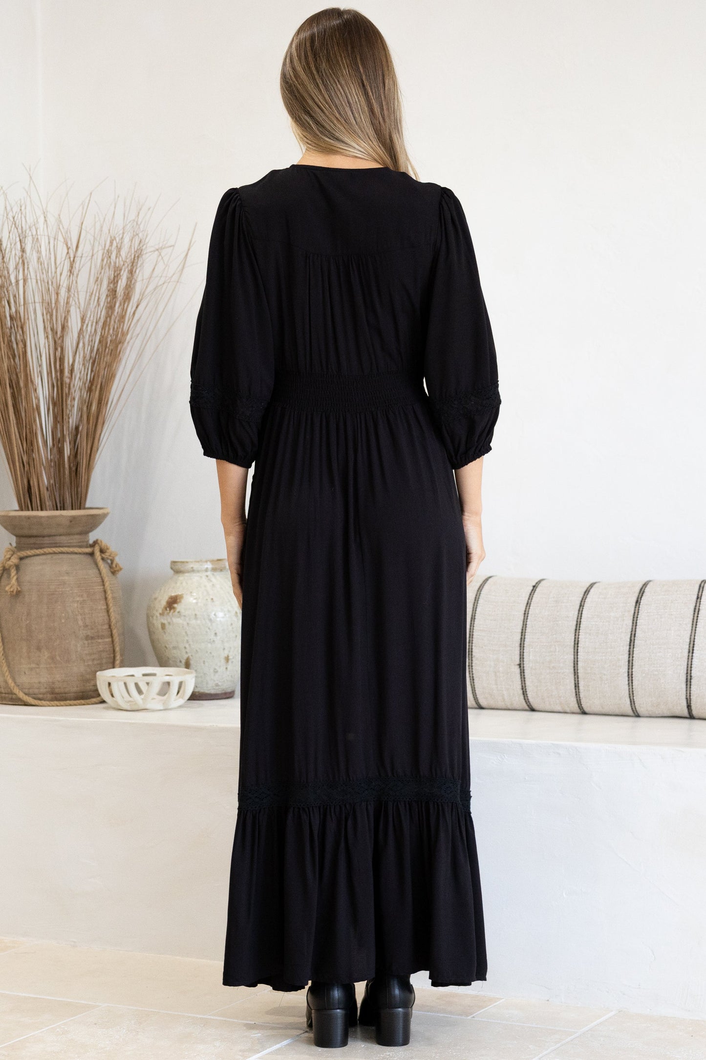 Kiaba Maxi Dress - V-Neck Buttoned Bodice 3/4 Sleeve A-Line Dress with Lace Inserts in Black