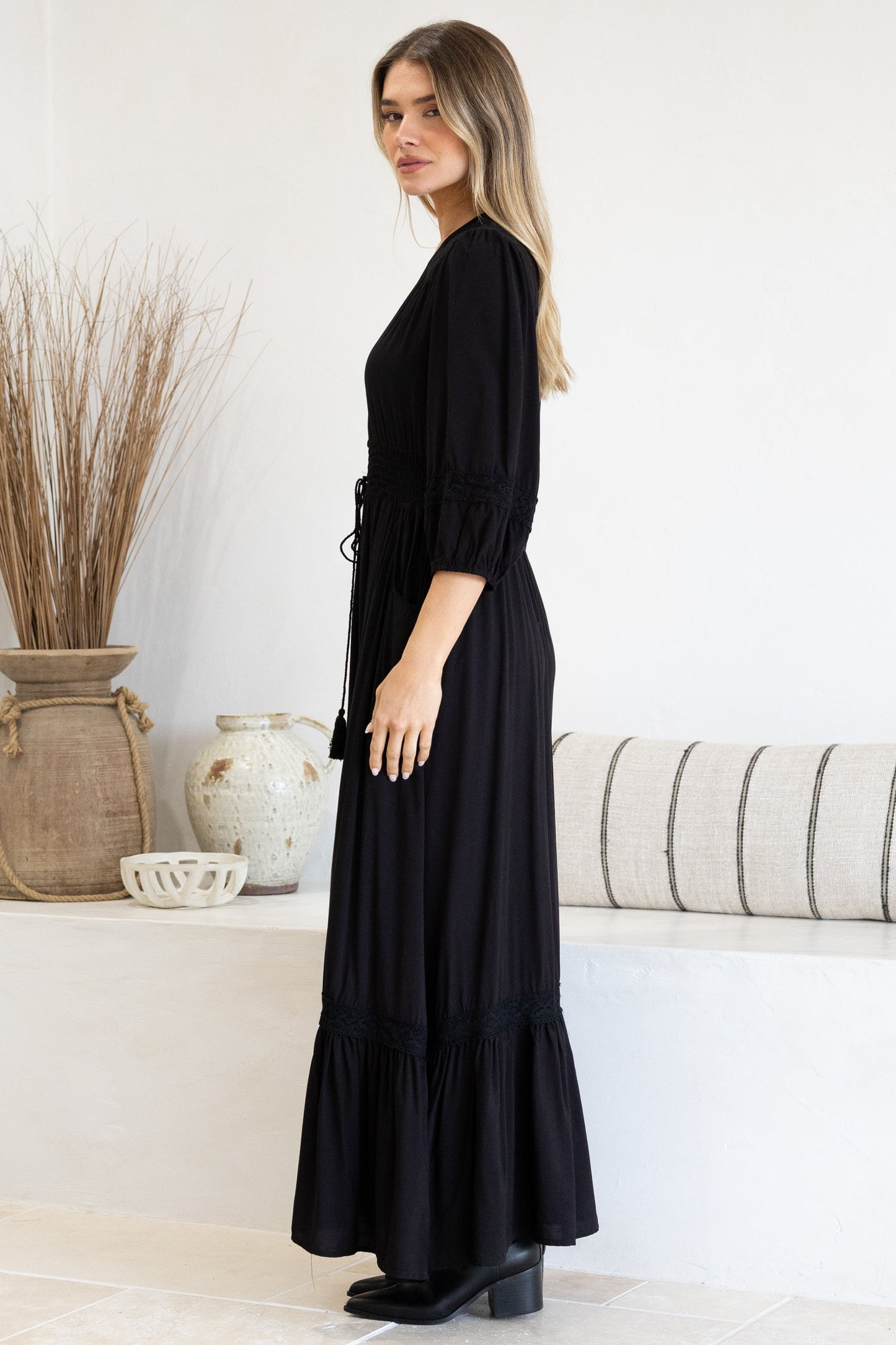 Kiaba Maxi Dress - V-Neck Buttoned Bodice 3/4 Sleeve A-Line Dress with Lace Inserts in Black