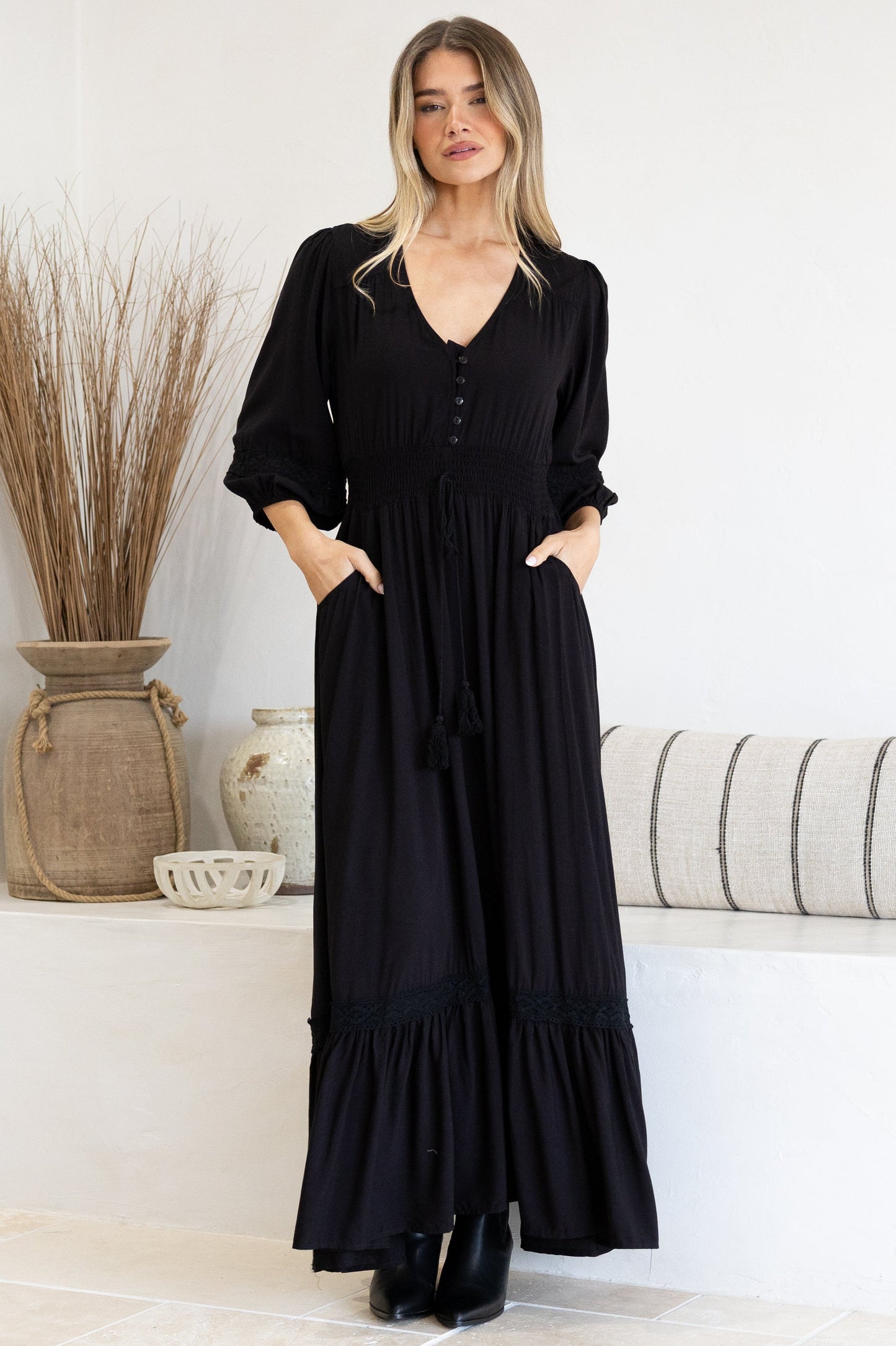 Kiaba Maxi Dress - V-Neck Buttoned Bodice 3/4 Sleeve A-Line Dress with Lace Inserts in Black