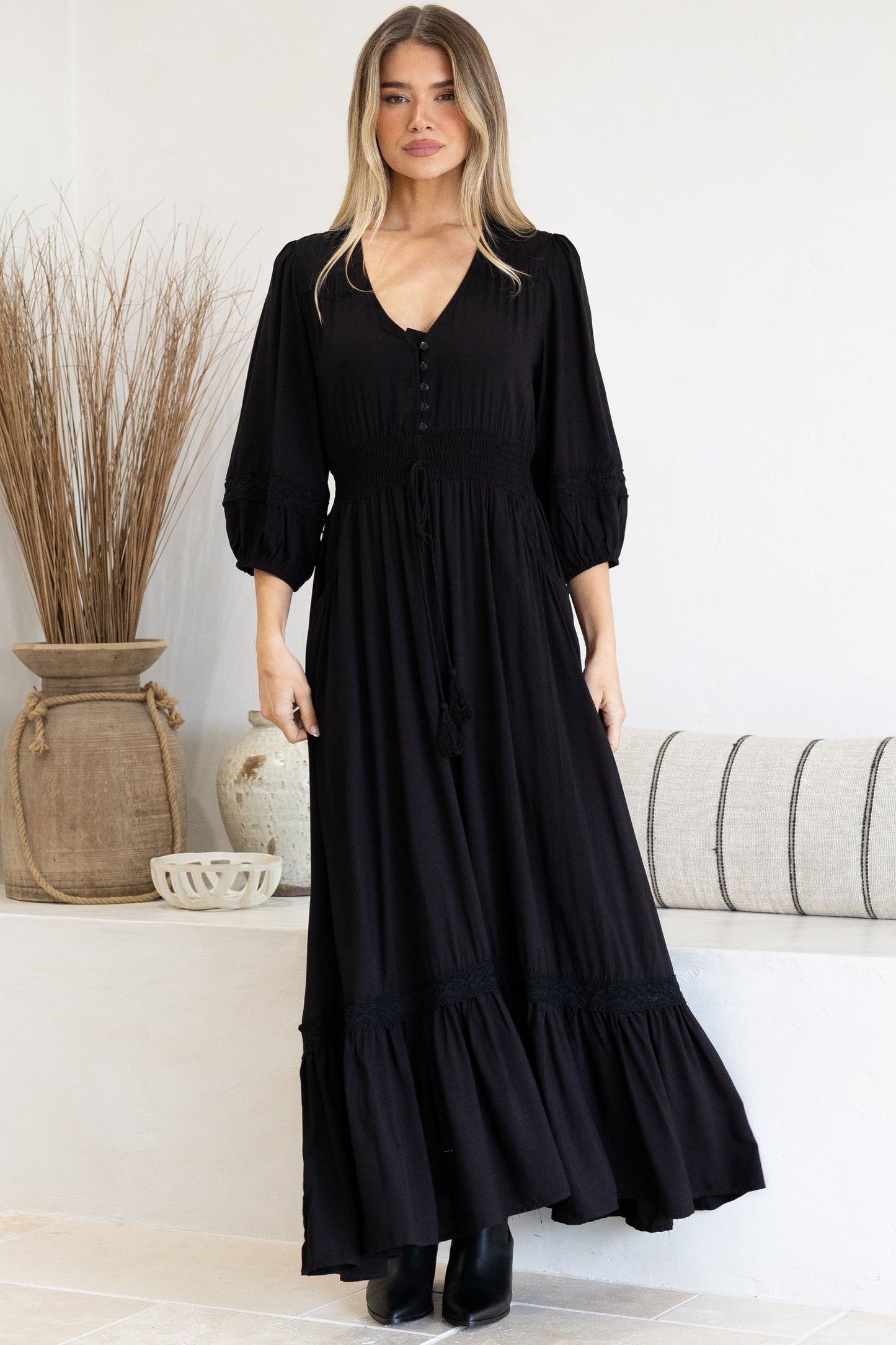 Kiaba Maxi Dress - V-Neck Buttoned Bodice 3/4 Sleeve A-Line Dress with Lace Inserts in Black