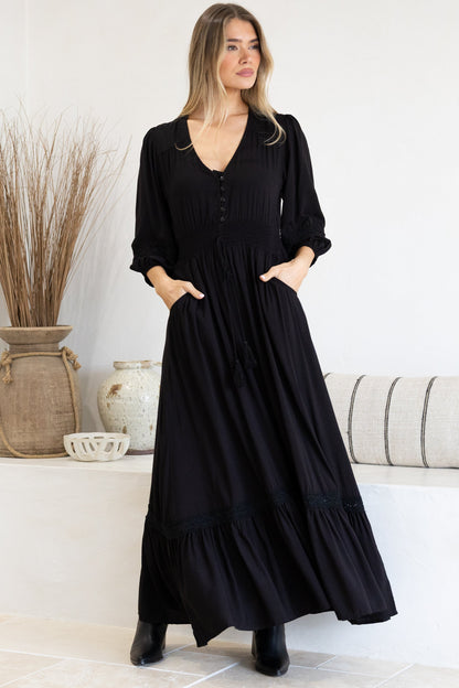 Kiaba Maxi Dress - V-Neck Buttoned Bodice 3/4 Sleeve A-Line Dress with Lace Inserts in Black