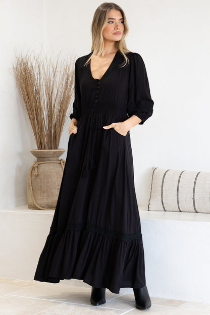 Kiaba Maxi Dress - V-Neck Buttoned Bodice 3/4 Sleeve A-Line Dress with Lace Inserts in Black