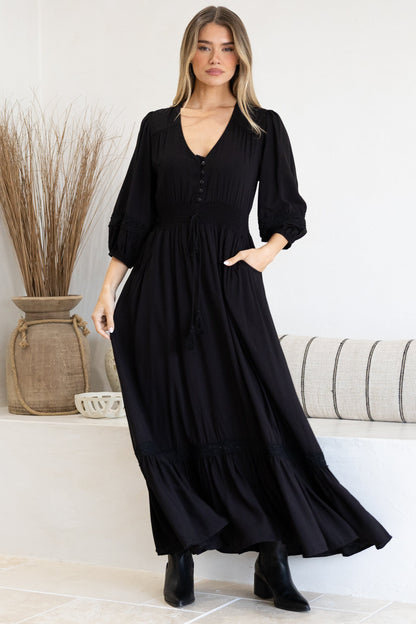Kiaba Maxi Dress - V-Neck Buttoned Bodice 3/4 Sleeve A-Line Dress with Lace Inserts in Black
