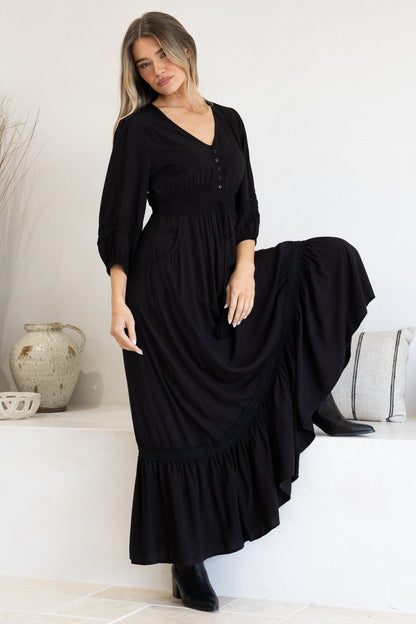 Kiaba Maxi Dress - V-Neck Buttoned Bodice 3/4 Sleeve A-Line Dress with Lace Inserts in Black