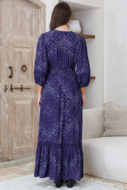 Kiaba Maxi Dress - V-Neck Buttoned Bodice 3/4 Sleeve A-Line Dress with Lace Inserts in Vilma Print Navy