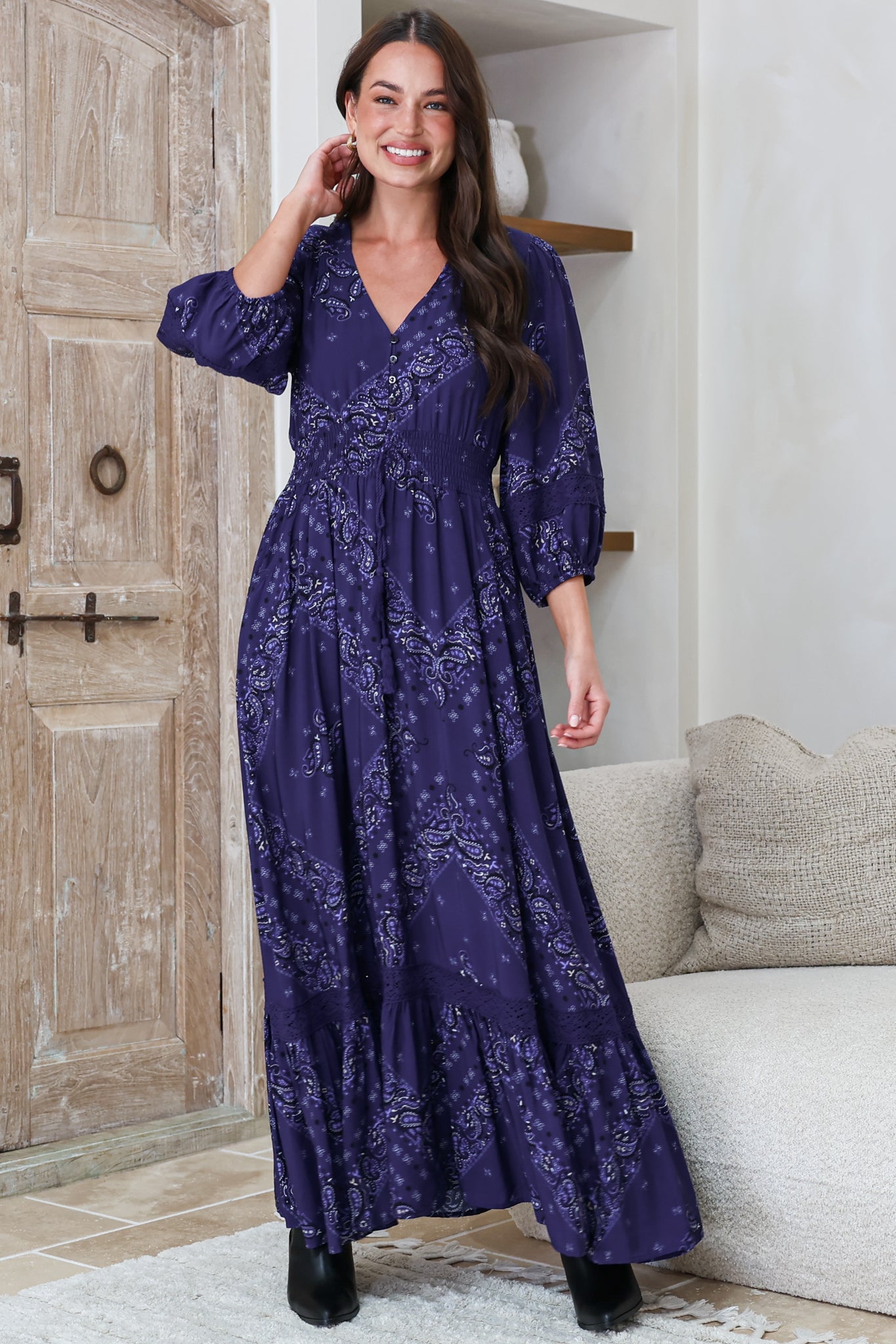 Kiaba Maxi Dress - V-Neck Buttoned Bodice 3/4 Sleeve A-Line Dress with Lace Inserts in Vilma Print Navy