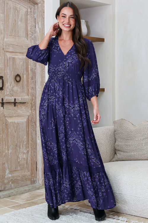 Kiaba Maxi Dress - V-Neck Buttoned Bodice 3/4 Sleeve A-Line Dress with Lace Inserts in Vilma Print Navy
