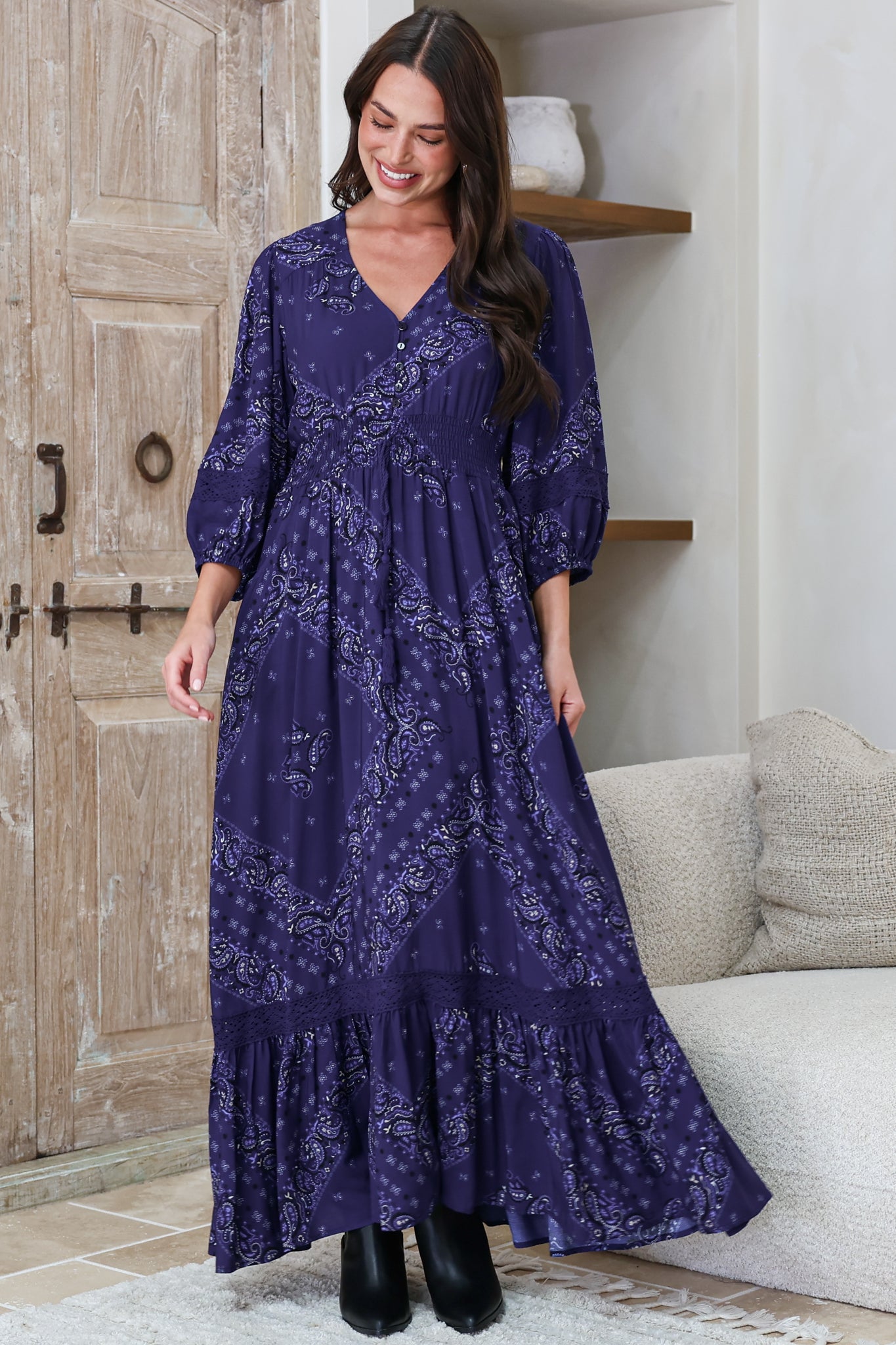 Kiaba Maxi Dress - V-Neck Buttoned Bodice 3/4 Sleeve A-Line Dress with Lace Inserts in Vilma Print Navy