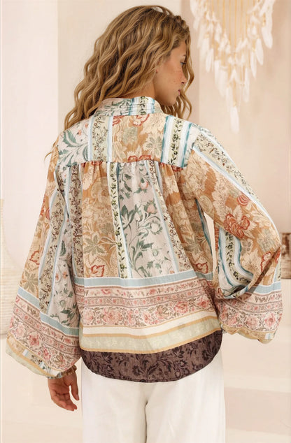 Kiralee Blouse - Mock Split Collar Balloon Sleeve Button Down Shirt in Lyla Print