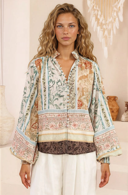 Kiralee Blouse - Mock Split Collar Balloon Sleeve Button Down Shirt in Lyla Print