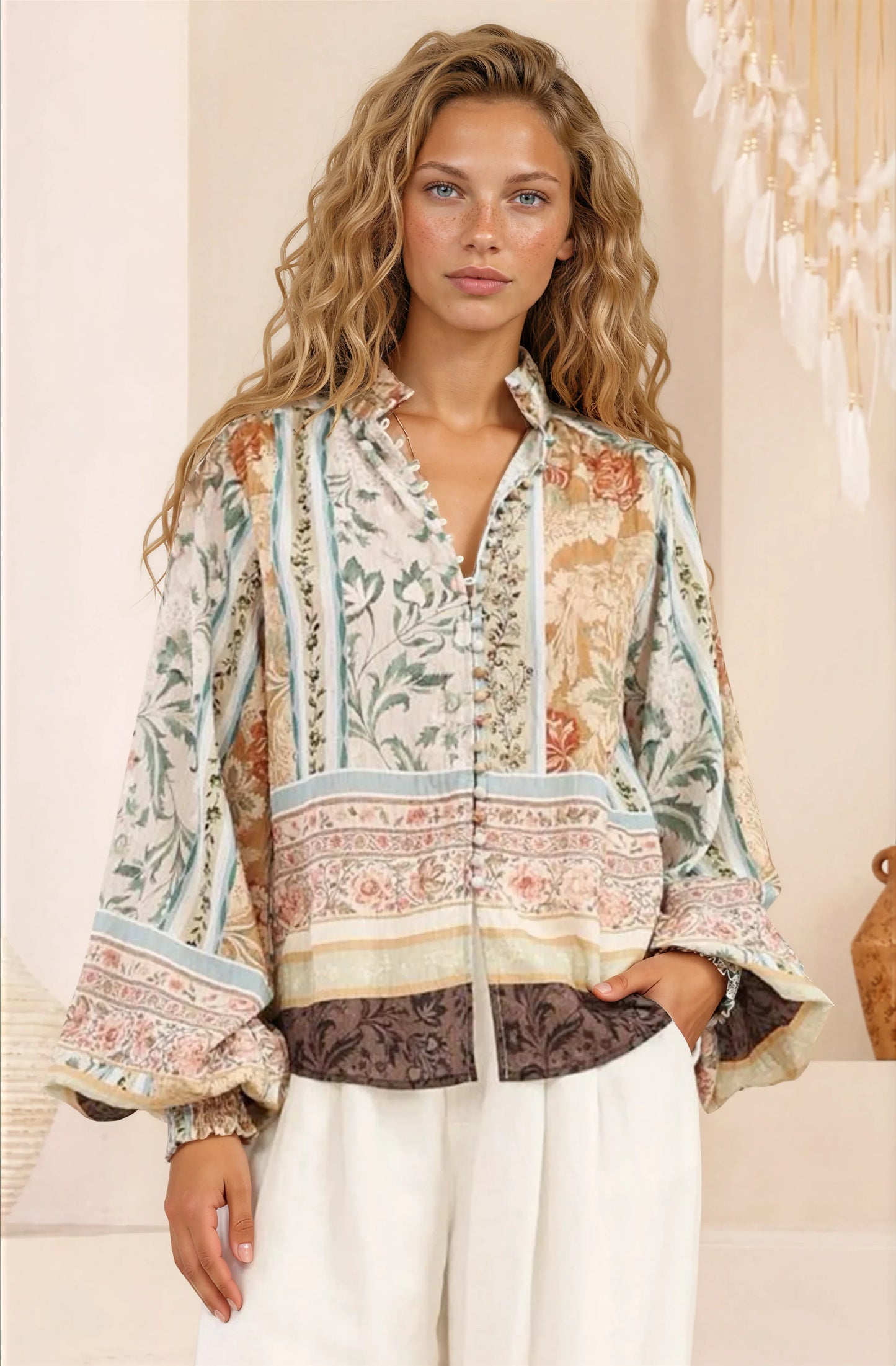 Kiralee Blouse - Mock Split Collar Balloon Sleeve Button Down Shirt in Lyla Print