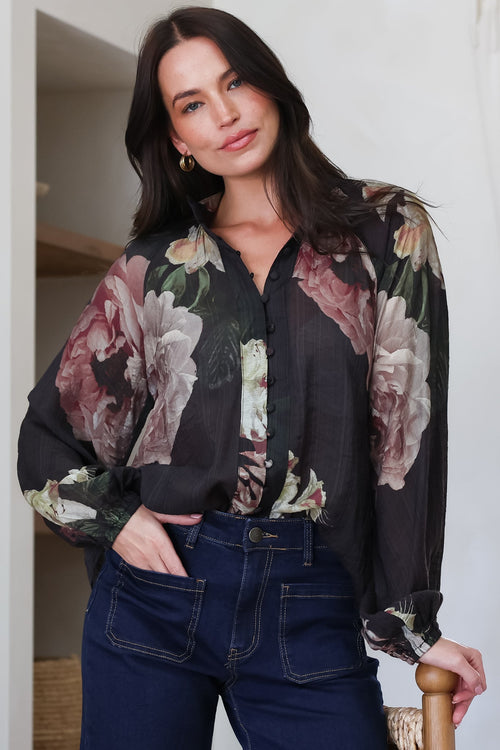 Kyla Blouse - Collared Button Down with Long Balloon Sleeves in Mika Print