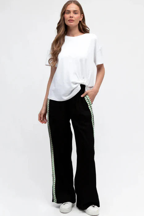 Geo Pants - Elasticated High Waist Pants with Contrast Heart Sports Stripes in Black