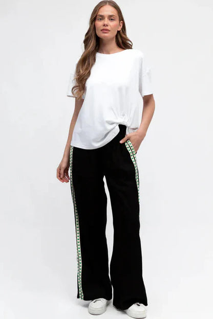 Geo Pants - Elasticated High Waist Pants with Contrast Heart Sports Stripes in Black