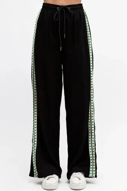 Geo Pants - Elasticated High Waist Pants with Contrast Heart Sports Stripes in Black
