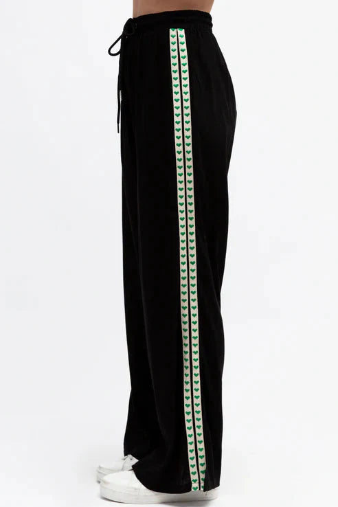 Geo Pants - Elasticated High Waist Pants with Contrast Heart Sports Stripes in Black