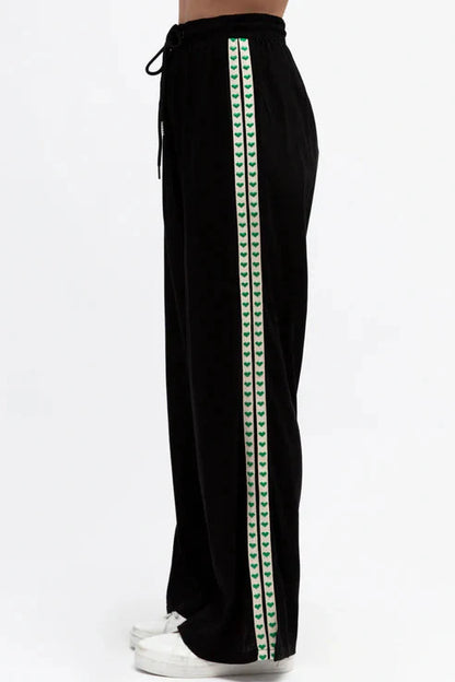 Geo Pants - Elasticated High Waist Pants with Contrast Heart Sports Stripes in Black