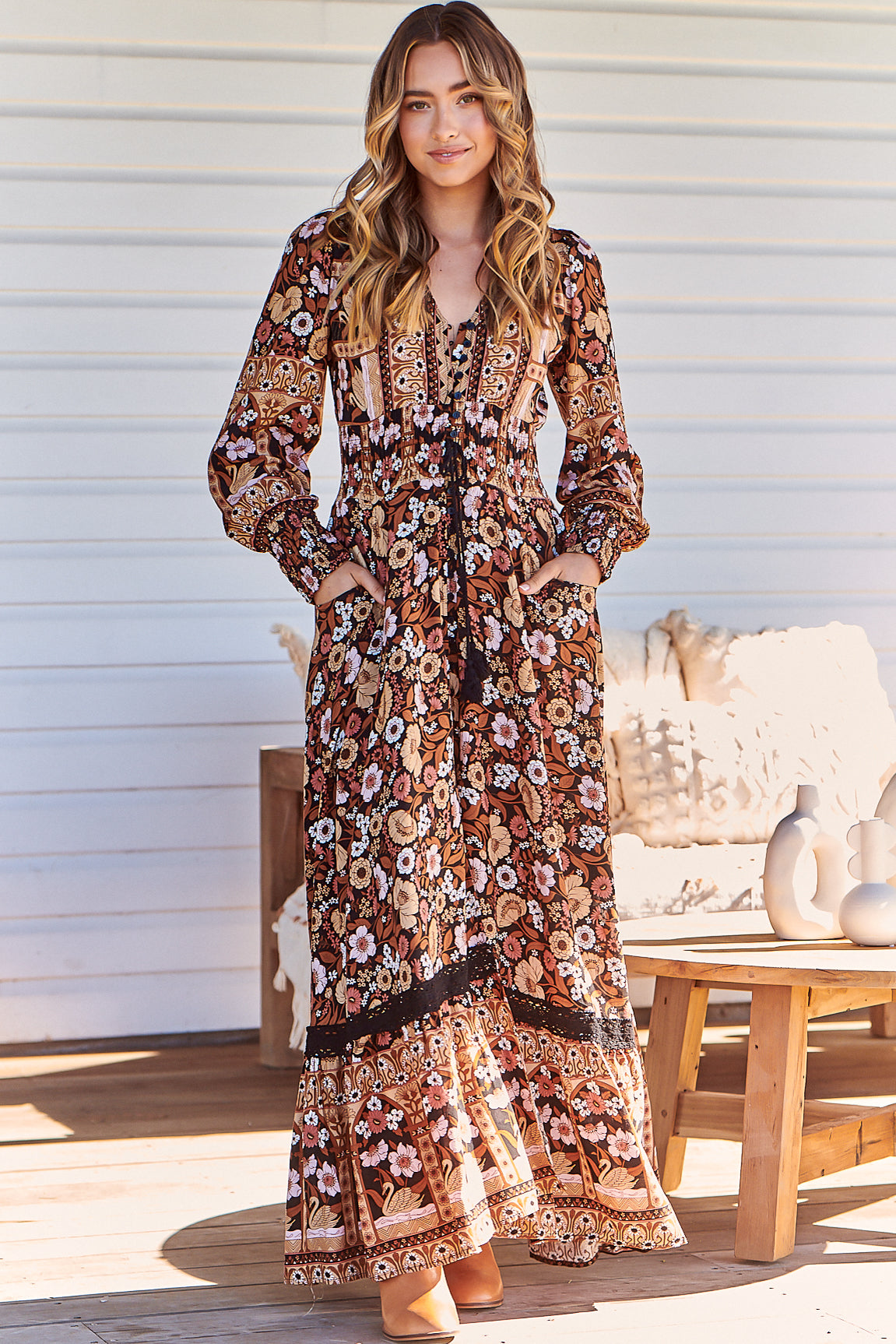JAASE - Sabrina Maxi Dress: A Line Button Through Dress with Long Sleeves in Hennie Print