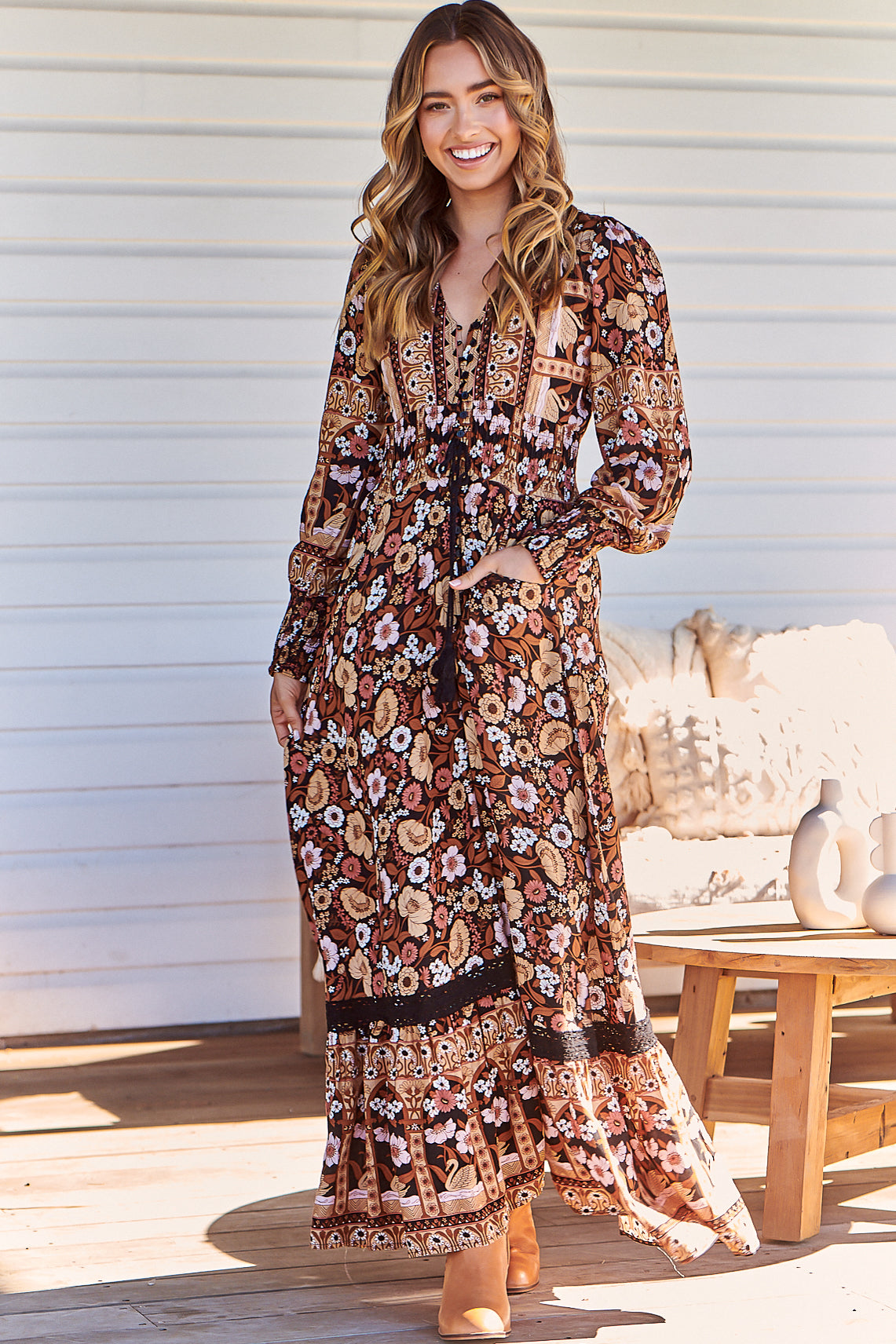JAASE - Sabrina Maxi Dress: A Line Button Through Dress with Long Sleeves in Hennie Print