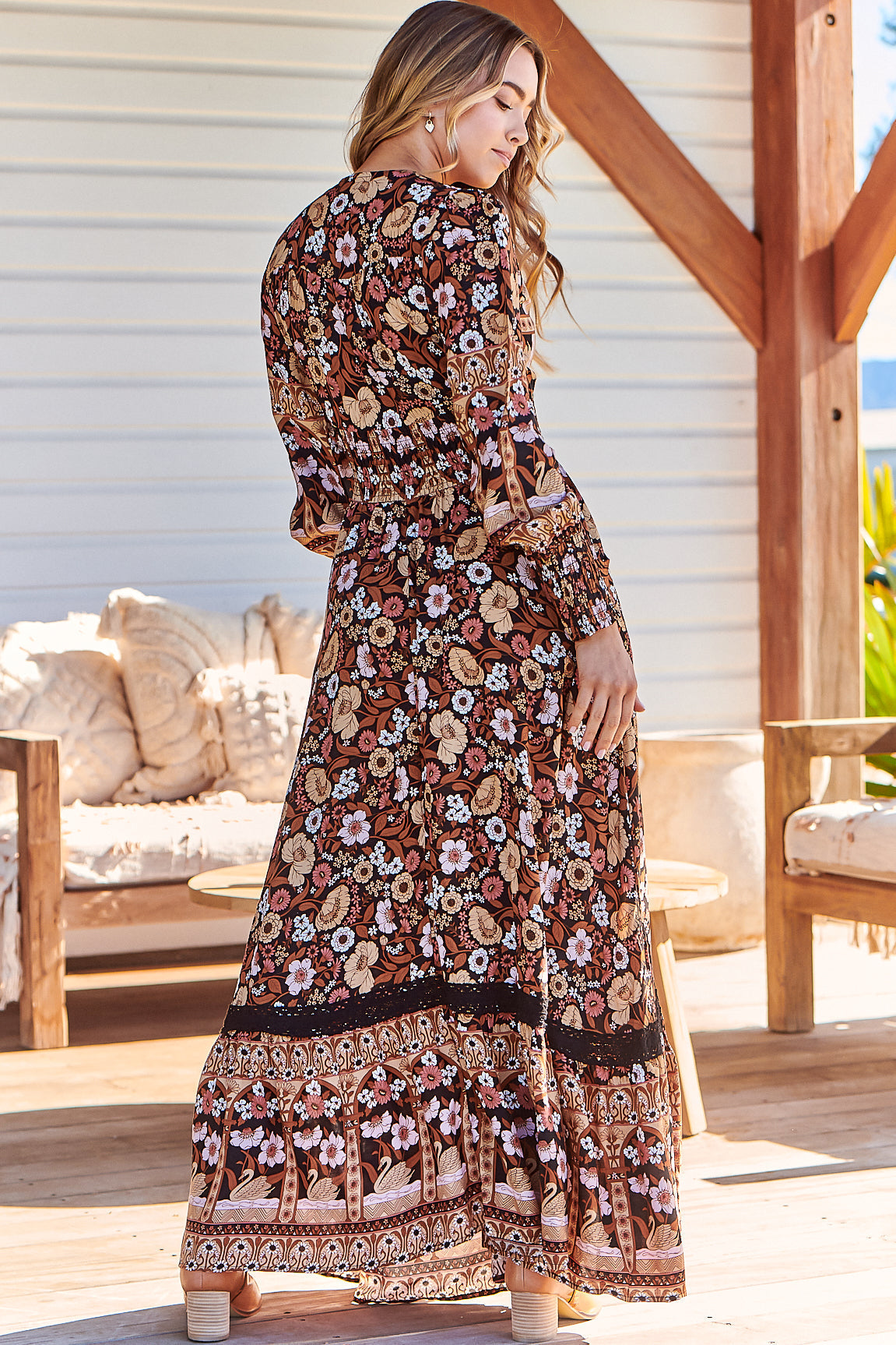 JAASE - Sabrina Maxi Dress: A Line Button Through Dress with Long Sleeves in Hennie Print