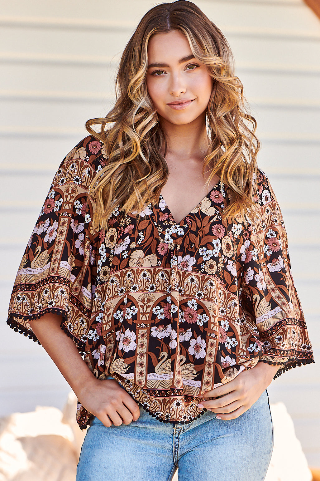 JAASE - Gabriella Top: Mandarin Collar Deep V Neck Crochet Trim Top in Hennie Print