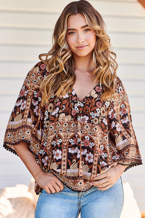 JAASE - Gabriella Top: Mandarin Collar Deep V Neck Crochet Trim Top in Hennie Print