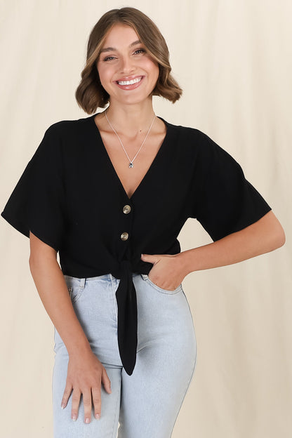 Lanara Top - Button Front Tie Up Top In Black