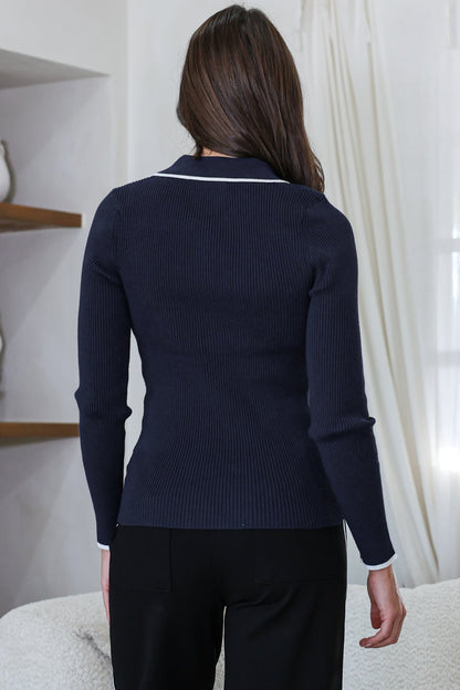 Landon Knit Top - Wing Collar Ribbed Knit with Contrast Trims and Buttoned Neckline in Navy