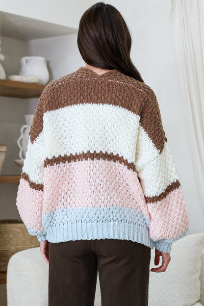 Lane Cardigan - Cropped Open Lattice Knit with Pockets and Balloon Sleeves in Marshmallow