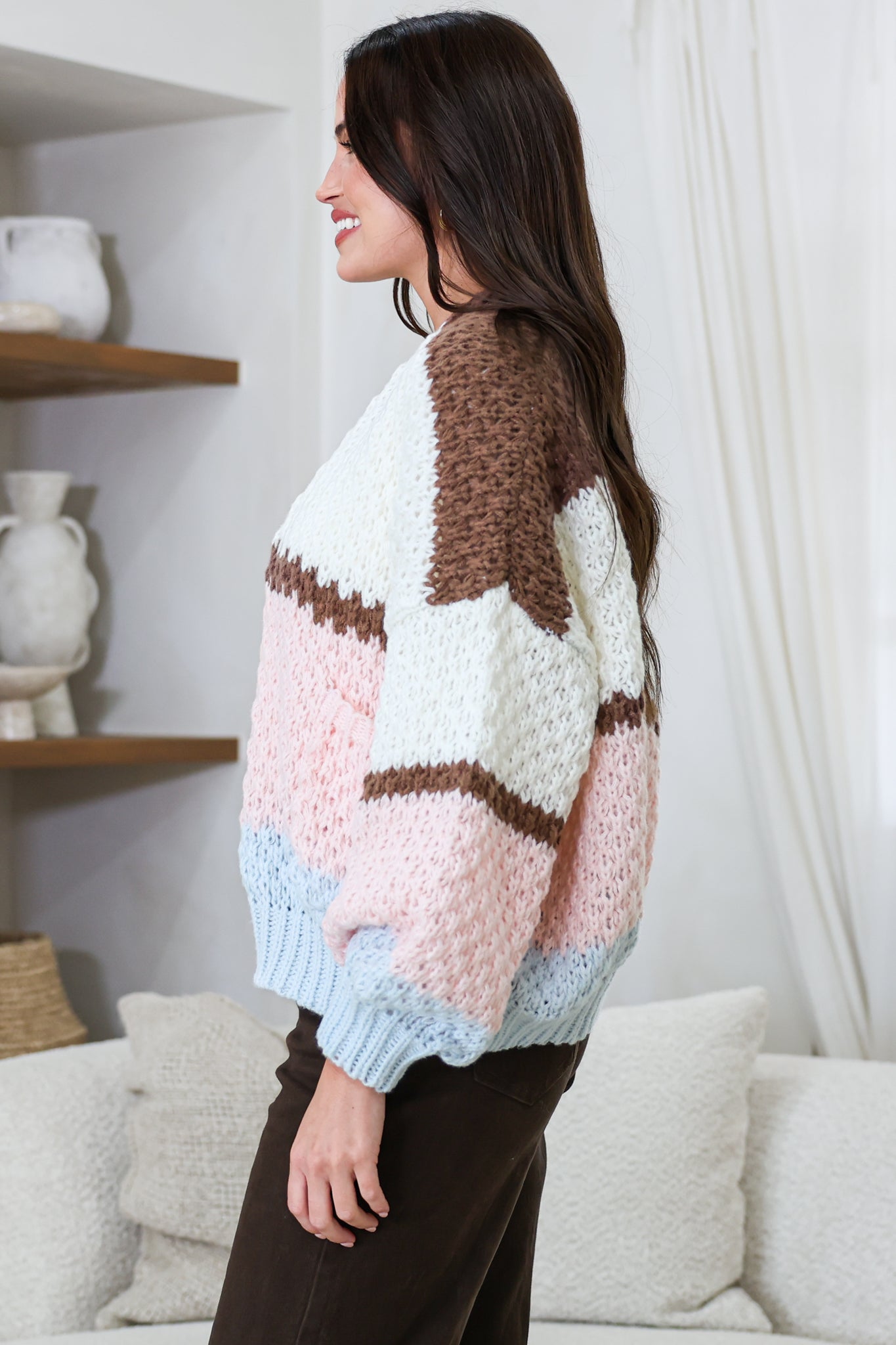 Lane Cardigan - Cropped Open Lattice Knit with Pockets and Balloon Sleeves in Marshmallow