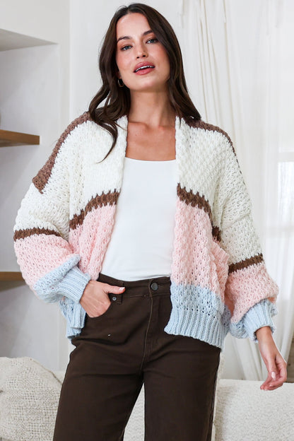 Lane Cardigan - Cropped Open Lattice Knit with Pockets and Balloon Sleeves in Marshmallow