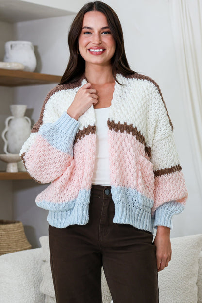 Lane Cardigan - Cropped Open Lattice Knit with Pockets and Balloon Sleeves in Marshmallow