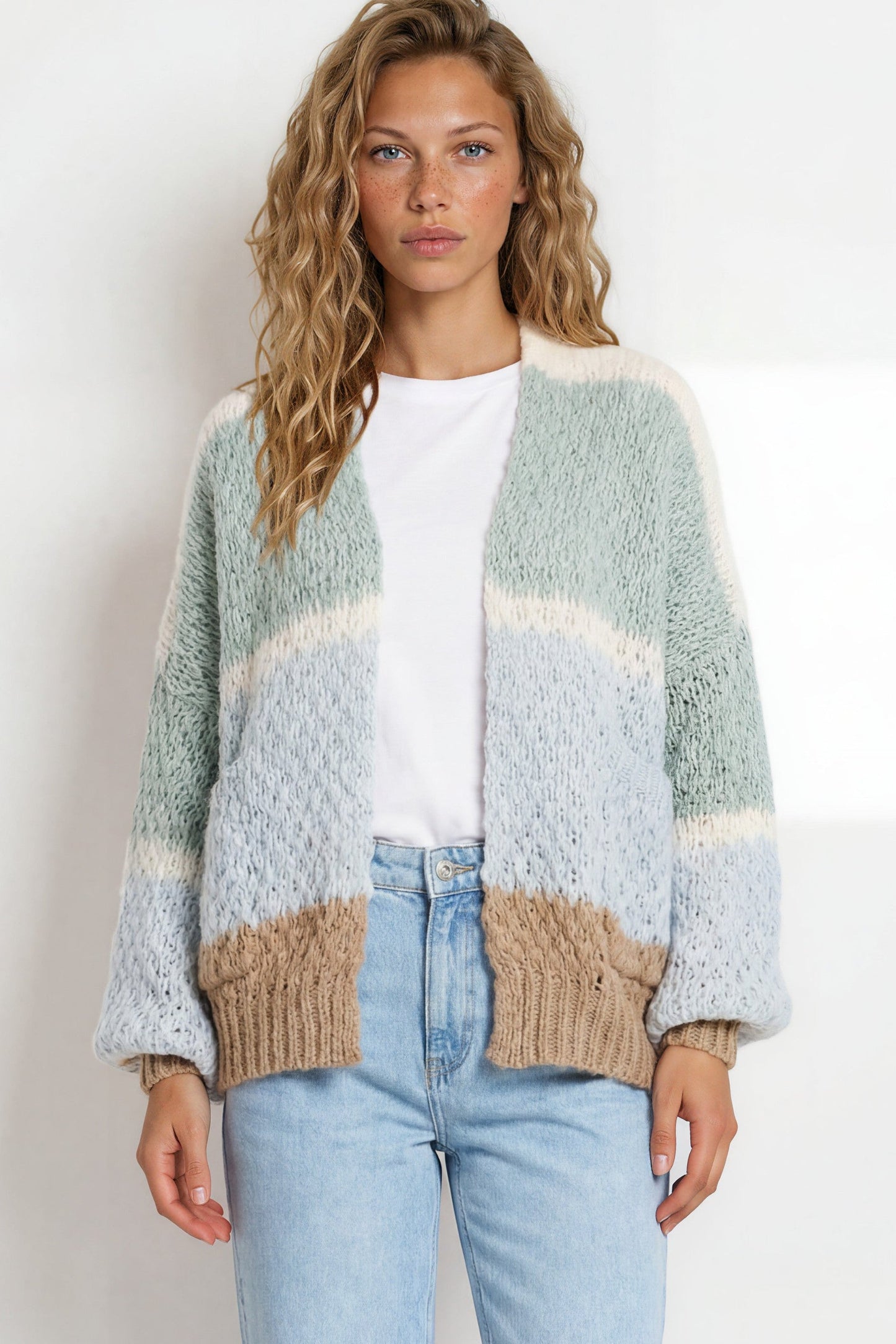 Lane Cardigan - Cropped Open Lattice Knit with Pockets and Balloon Sleeves in White/Green