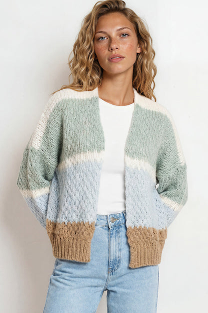 Lane Cardigan - Cropped Open Lattice Knit with Pockets and Balloon Sleeves in White/Green