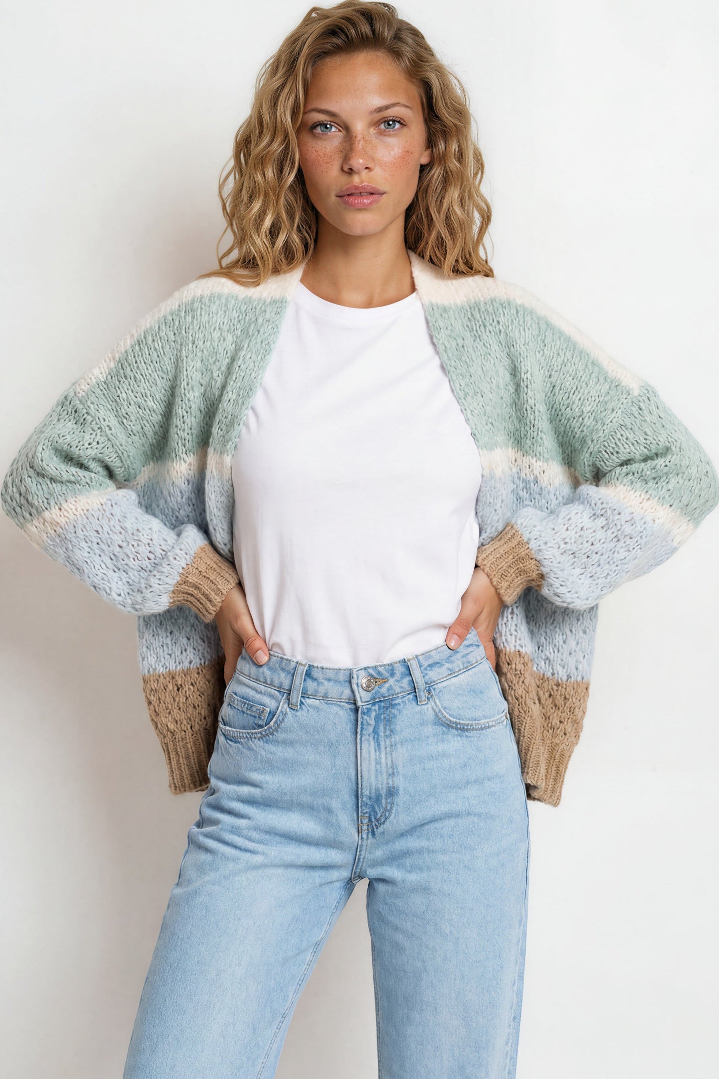 Lane Cardigan - Cropped Open Lattice Knit with Pockets and Balloon Sleeves in White/Green