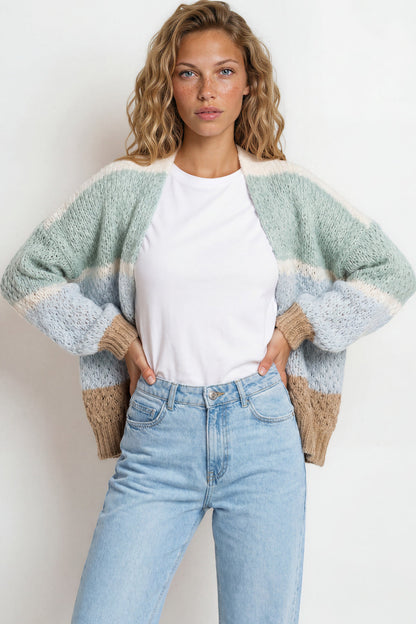 Lane Cardigan - Cropped Open Lattice Knit with Pockets and Balloon Sleeves in White/Green