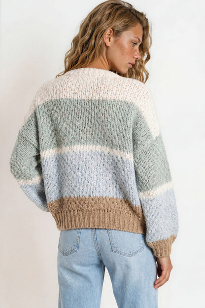 Lane Cardigan - Cropped Open Lattice Knit with Pockets and Balloon Sleeves in White/Green