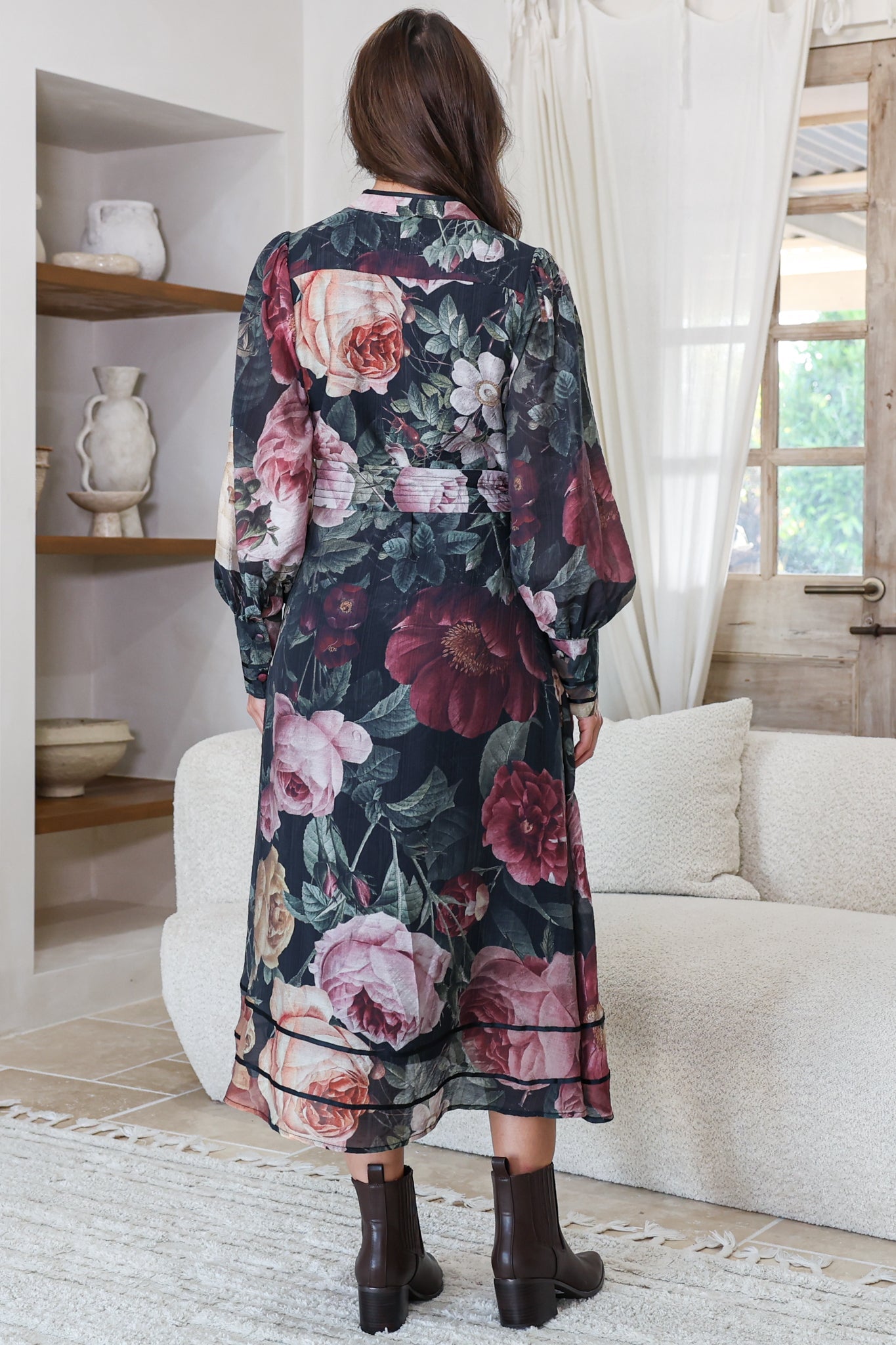 Langdon Midi Dress - Mandarin Collar Button Down Dress with Matching Belt in Annalisa Print