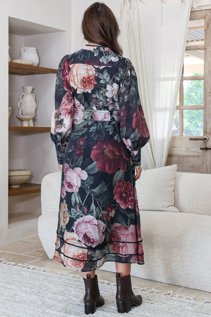 Langdon Midi Dress - Mandarin Collar Button Down Dress with Matching Belt in Annalisa Print