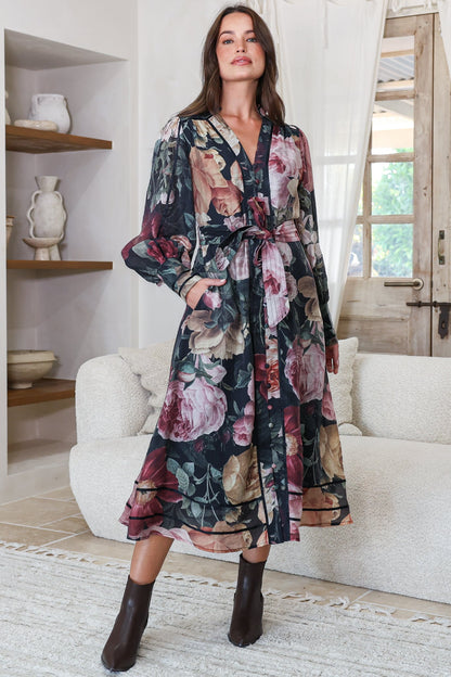 Langdon Midi Dress - Mandarin Collar Button Down Dress with Matching Belt in Annalisa Print