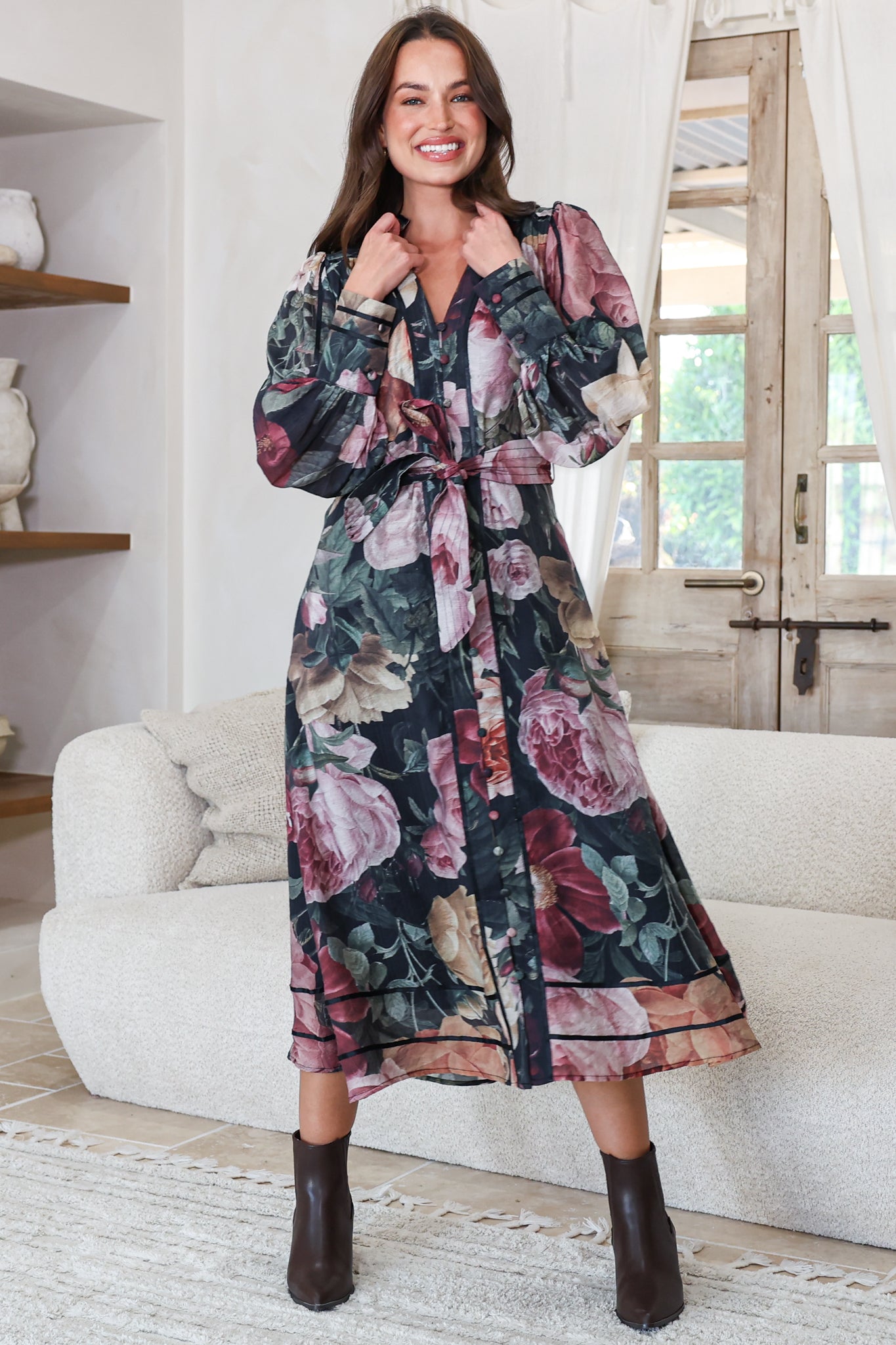 Langdon Midi Dress - Mandarin Collar Button Down Dress with Matching Belt in Annalisa Print