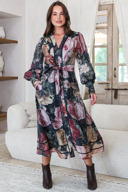Langdon Midi Dress - Mandarin Collar Button Down Dress with Matching Belt in Annalisa Print