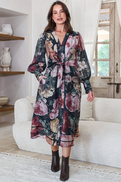 Langdon Midi Dress - Mandarin Collar Button Down Dress with Matching Belt in Annalisa Print