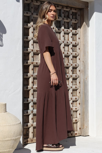 Laysa Maxi Dress - Mandarin Collar Short Sleeve Dress in Chocolate