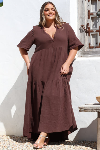 Laysa Maxi Dress - Mandarin Collar Short Sleeve Dress in Chocolate