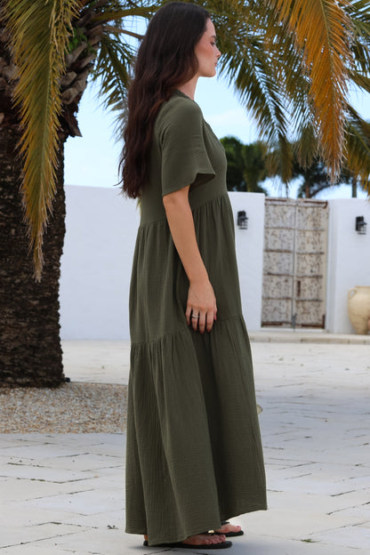 Laysa Maxi Dress - Mandarin Collar Short Sleeve Dress in Khaki