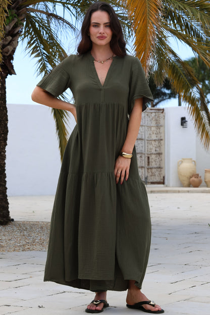 Laysa Maxi Dress - Mandarin Collar Short Sleeve Dress in Khaki