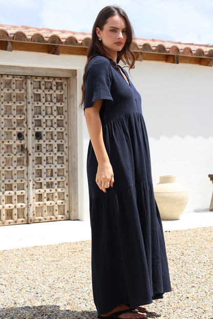 Laysa Maxi Dress - Mandarin Collar Short Sleeve Dress in Navy